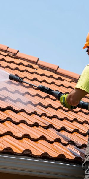 Roof Cleaning Service with Pressure Washer on Roof Tiles During